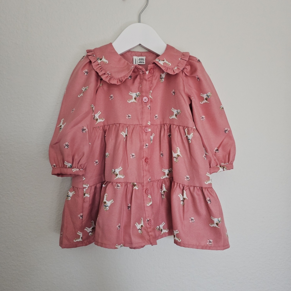 NWT Janie and Jack Pink Dress with Dog Print, Size 6-12M.